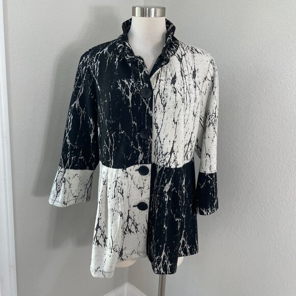 Ali Miles Womens Large Black White Marble Print Button Jacket Wire Collar Artsy - Picture 1 of 11